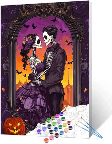 Miniatura 10 de Pintura por números para parejas tomadas de la mano, para adultos, principiantes, Día de los Muertos, Esqueleto, Pintura por números sobre lienzo