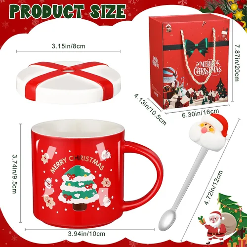 Miniatura 3 de Tazas de Navidad de Suttmin con tapa y cuchara, tazas de café de Navidad de porcelana, lindas tazas de té de Santa de cerámica con caja de regalo