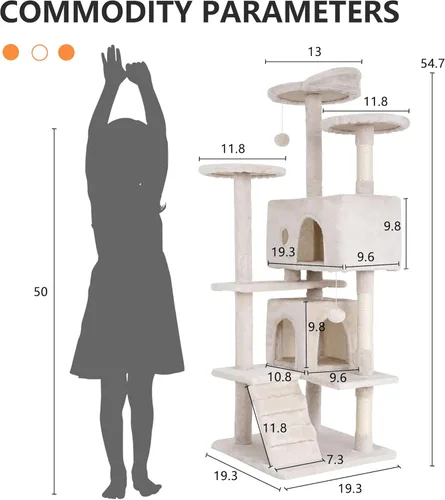 Miniatura 7 de BestPet Torre para Gatos de 54" Beige Resistente, Fácil de Ensamblar, Centro de Actividades Multinivel con Postes Rascadores de Sisal, Condos