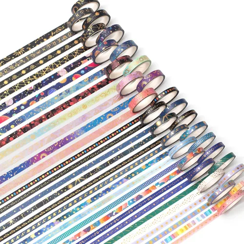 Miniatura 9 de Juego de 100 rollos de cinta washi de papel de aluminio dorado delgada cinta adhesiva decorativa de 0.118 in de ancho para álbumes de recortes