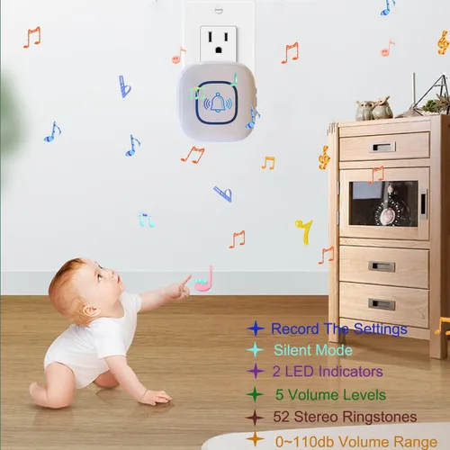 Miniatura 2 de Timbre inalámbrico, rango de 1200 pies, timbre lo suficientemente fuerte, 5 niveles de volumen y 52 timbres de puerta con LED intermitente