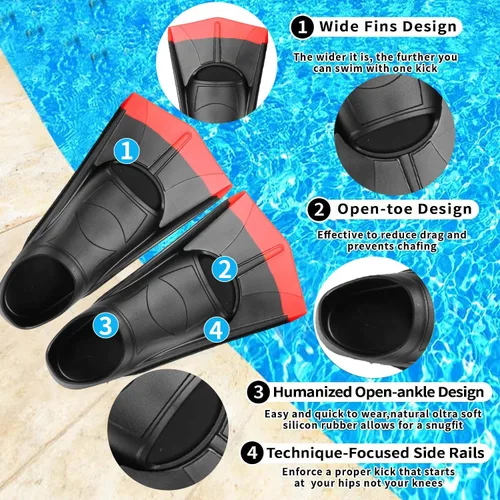 Miniatura 2 de Aletas de Natación para Niños, Aletas Cortas Cómodas para Natación de Vueltas y Entrenamiento para Niños, Niñas, Niños, Principiantes Negro&rojo