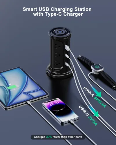 Miniatura 3 de Regleta de Protección contra Sobretensiones Torre Enchufe Plano con 12 Tomas de CA 3 Puertos USB (2 Tipo C), Cable de Extensión Ultra Plano de 6.5