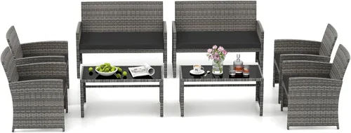Miniatura 14 de HAPPYGRILL Juego de 4 muebles de mimbre para exteriores con mesa de centro de vidrio templado, cojines suaves, juego de sillas de ratán resistentes