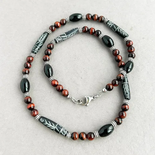 Miniatura 4 de Mami's Gem Studio Collar de estilo tribal para hombre, cuentas con hueso tallado, ónix negro y piedras preciosas, hecho a mano en Estados Unidos