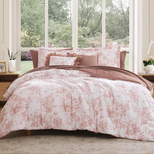 BLOOMHAVEN Juego de edredón tamaño individual XL, juego de ropa de cama de 5 piezas con rosas florales para todas las estaciones, cama en una bolsa