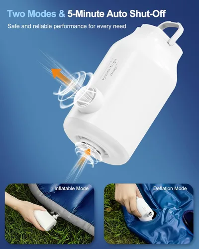 Miniatura 8 de Bomba de aire recargable portátil para inflables, 5 boquillas, velocidad del viento de 350 l/min y luz de campamento, inflado rápido y desinflado