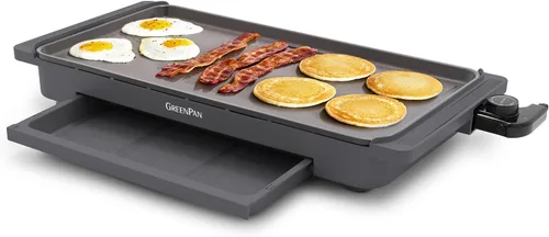 GreenPan Plancha Eléctrica Avanzada de 10.5" x 20" con Cajón Calentador, Revestimiento Antiadherente de Cerámica Saludable Libre de PFAS, Control de