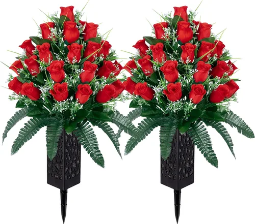 Miniatura 9 de LVXINLI 2 juegos de flores artificiales para cementerios, decoraciones de tumba al aire libre con rosas, hermosos arreglos florales con jarrón