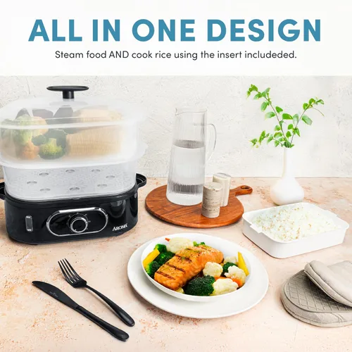 Miniatura 5 de AROMA® Cesta de vapor de alimentos doble y vaporizador eléctrico de arroz con nivel de agua de fácil lectura y temporizador