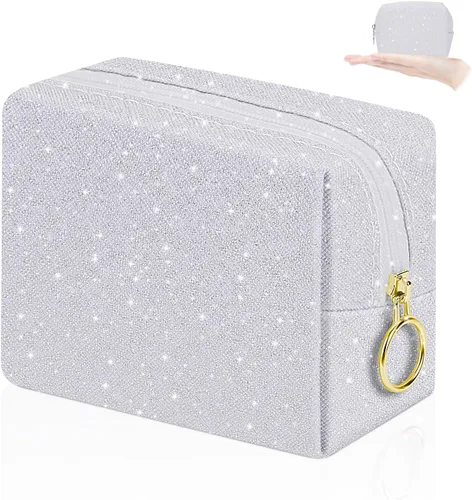 Miniatura 12 de Bolsa de maquillaje pequeña de 5.1 x 5.1 pulgadas para monedero, material flocado, mini bolsa de maquillaje de viaje con dos bolsillos internos