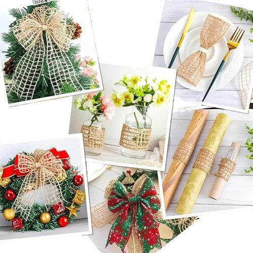 Miniatura 3 de Cinta de red de arpillera con borde con alambre de 2 pulgadas, malla de yute rústico de 10 yardas para manualidades, decoración de corona, envoltura
