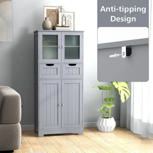 Miniatura 5 de Giantex Armario de almacenamiento para piso de baño, armario independiente con 2 puertas de vidrio, 2 cajones y estantes ajustables, organizador