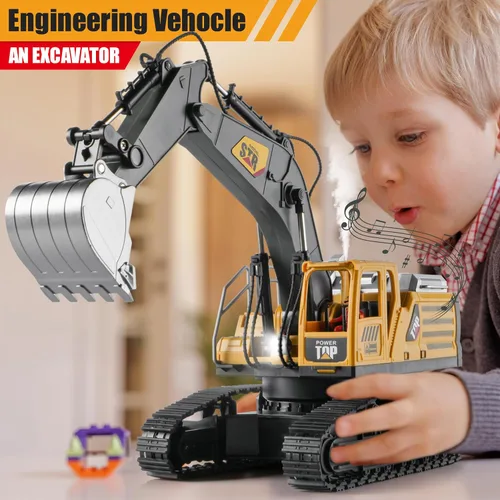 Miniatura 7 de Excavadora de control remoto 1:14, juguetes con control remoto para niños, excavadora RC de 14 canales, juguetes de construcción de tractor, humo