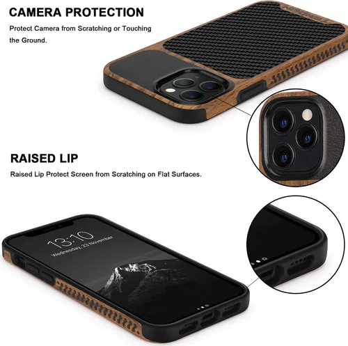 Miniatura 4 de TENDLIN Funda compatible con iPhone 12 Pro Max de grano de madera con diseño de textura de fibra de carbono, funda híbrida de cuero negro