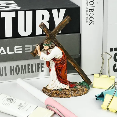 Miniatura 6 de DreamsEden Figura religiosa pequeña de 4.7 pulgadas con cruz de Jesús, figura religiosa de pequeño Jesús que lleva la cruz en el camino al calvario