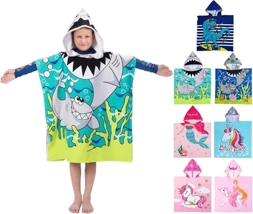 Miniatura 11 de growell Toallas de playa con capucha para niños, toalla de baño para niños de 4 a 10 años, toallas de piscina para niños, de secado rápido, poncho