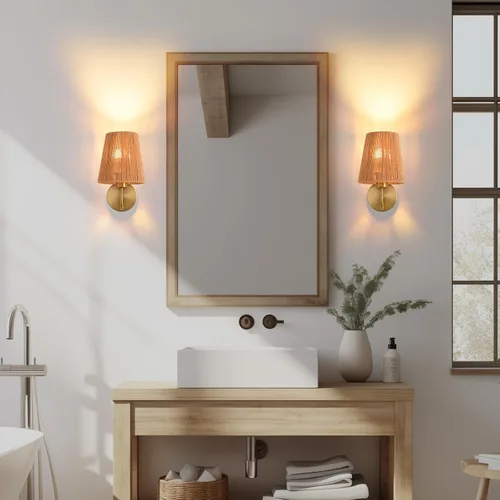 Miniatura 9 de Juego de 2 apliques de pared bohemios que funcionan con pilas, con pantalla de ratán dorado, luces de pared inalámbricas con bombillas recargables