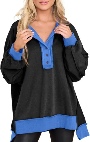 Miniatura 37 de AlvaQ - Sudadera de gran tamaño para mujer, informal, de manga larga, con botones y cuello Henley, tipo túnica