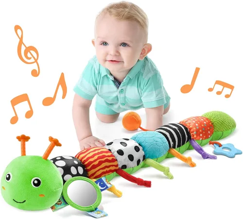 LIGHTDESIRE Juguetes musicales para bebé, oruga, juguetes para bebés, animales de peluche con diseño de regla, espejo, cuerda de tirar y campana de