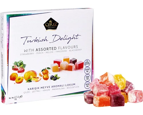 Cerez Pazari - Delicia turca con sabores de fresa, melocotón, melón, mandarina, mora, Mezcla de sabores, Caja de regalo con aperitivos gourmet