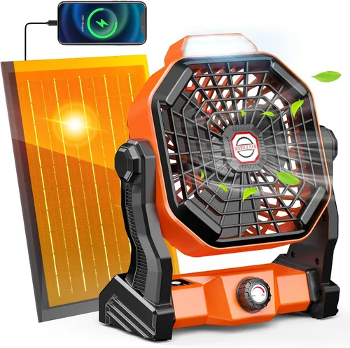 Miniatura 10 de Ventilador recargable con energía solar, (30 horas de funcionamiento) ventiladores de camping solares y linterna LED, ventilador portátil de 8