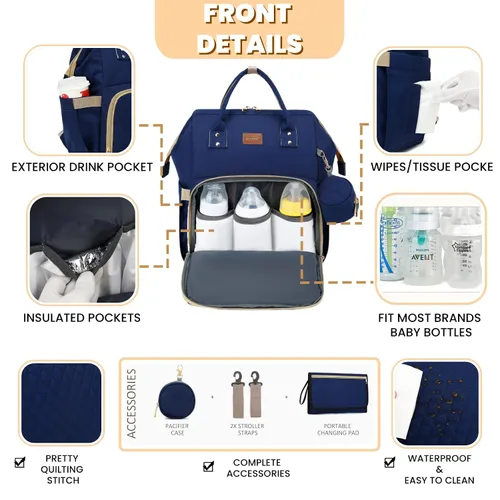 Miniatura 3 de ROSEGIN Mochila para pañales con cambiador, funda para chupete, bolsa de bebé para niños y niñas pequeños, grande, elegante, impermeable, bolsa