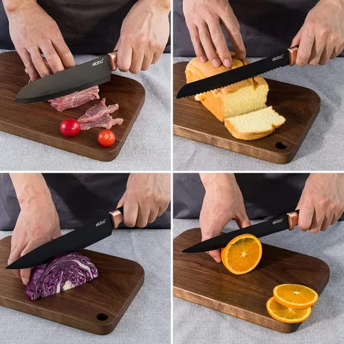 Miniatura 6 de elabo - Juego de cuchillos de cocina de acero inoxidable antiadherentes con soporte, 5 piezas, color negro, mango de oro rosa