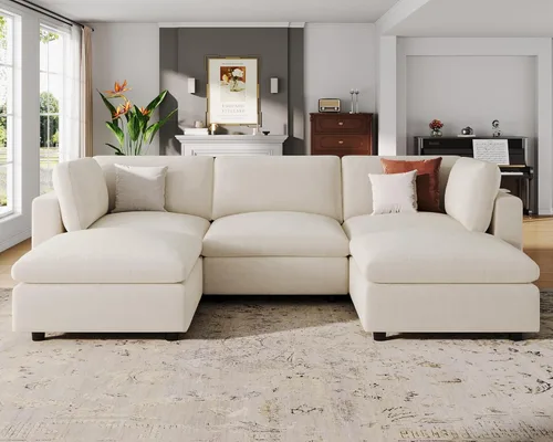Miniatura 13 de VANOMi Sofá modular, cómodo sofá con marco de madera maciza de 3 asientos, sofá moderno certificado FSC para sala de estar, beige