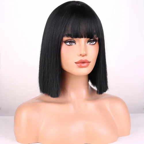 Miniatura 3 de Pelucas negras para mujeres y niñas, peluca corta y recta negra con flequillo, pelucas sintéticas resistentes al calor, para fiestas de disfraces
