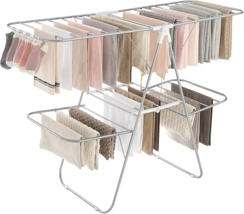 SONGMICS ULLR053W01V1 - Tendedero plegable de dos niveles para ropa, estante de secado de ropa para lavandería, secador de ropa independiente, con