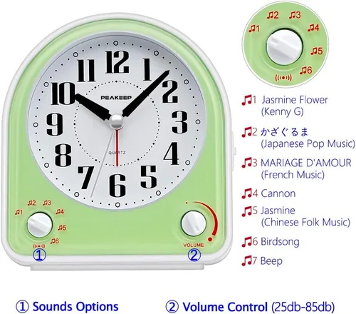 Miniatura 2 de Peakeep Reloj despertador analógico silencioso sin tictac, 7 sonidos opcionales de despertador con control de volumen, luz nocturna y repetición