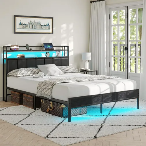 Miniatura 5 de Marco de cama tamaño twin con estación de carga y luces LED, marco de cama de metal con cabecero, cabecera tapizada negra con estantes