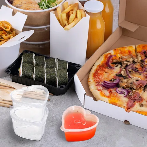 Miniatura 9 de 50 tazas de salsa desechables con tapas, vasos de plástico en forma de corazón de gelatina de 1.5 onzas, recipientes transparentes para aderezo