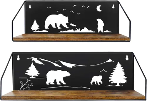 Giftgarden Estantes flotantes para pared con adorables recortes de osos únicos, estante de pared rústico de madera y hierro con decoración de osos