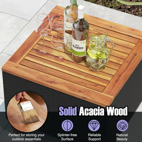 Miniatura 3 de COSTWAY Juego de muebles de ratán de 3 piezas, juego de sillas de mimbre para exteriores con mesa de centro de madera de acacia y cojín lavable