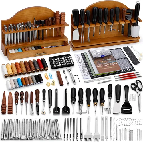 BUTUZE Herramientas de cuero, kit de manualidades de cuero con estante de herramientas de cuero, kit de herramientas de trabajo de cuero para