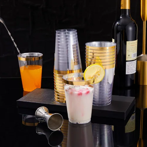 Miniatura 9 de N9R 60 platos de postre de plástico dorado con tenedores y 72 vasos de plástico dorados
