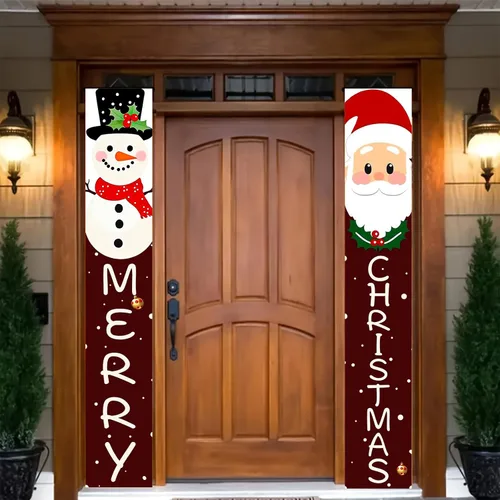 Miniatura 6 de BlissYard Pancartas de Porche Feliz Navidad de 12x71 Pulgadas Decoraciones de Puerta de Papá Noel y Muñeco de Nieve Fondo Rojo Pancarta Colgante