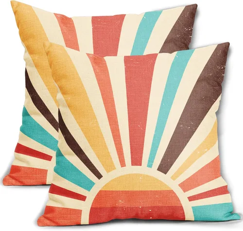 Miniatura 2 de Juego de 2 fundas de almohada verdes bohemias de 16 x 16 pulgadas, diseño bohemio, amanecer, puesta de sol, estampado abstracto de sol, fundas