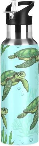 Insulated Stainless Steel Water Bottle with Straw 20 Oz, Leakproof Water Bottles for Gym Outdoor Travel School, Green Sea Turtles