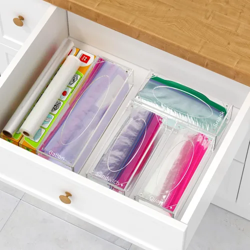 Miniatura 4 de FEMELI Organizador de almacenamiento de bolsas de alimentos, caja de acrílico para cajones de cocina, compatible con un galón, cuarto deslizante