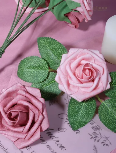 Miniatura 3 de 50 piezas Flores Artificiales, Rosas de Espuma de Tacto Real con Tallo DIY para Ramos de Boda Centros de Mesa Fiesta Ducha Decoración del Hogar