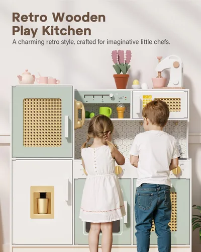 Miniatura 2 de Babytronic Juego de cocina de madera para niños, cocina de juego de simulación rosa con luces y sonidos, juguete de cocina de estilo retro para Verde