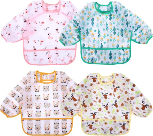 Miniatura 12 de Accmor 4 Pack Long Sleeve Bibs, Baby Smock Waterproof Sleeved Bib Smock for Baby Toddler 6-36 Months Dinosaurio azul/cerdo naranja/alce