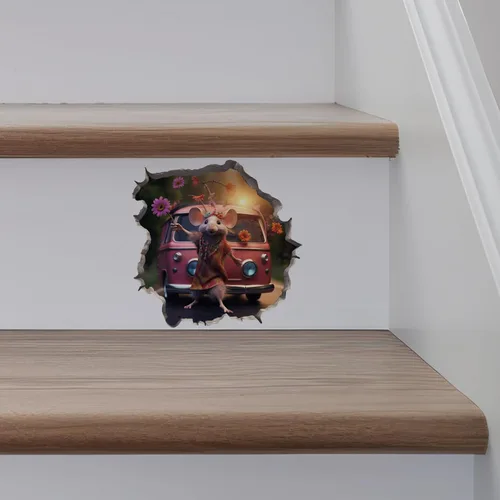 Miniatura 5 de Pegatina de pared 3D con agujero de ratón de niña hippie boho