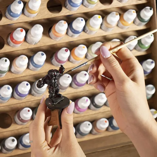 Miniatura 6 de Soporte para pintura de pared, funciona para Warhammer 40K, DnD, otras figuritas, 72 agujeros para botellas de pintura Vallejo, estante de madera