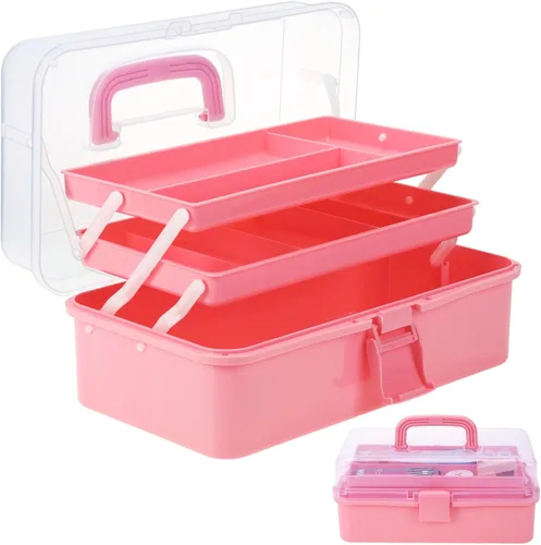 Miniatura 11 de Organizador de manualidades, caja de aparejos plegable portátil de 3 capas, caja de herramientas de plástico con asa para suministros de costura