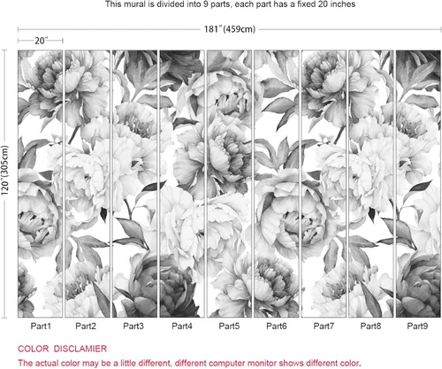 Miniatura 5 de MFWFM - Papel tapiz de peonías grises con diseño floral de acuarela para guardería (no se despega y pega)