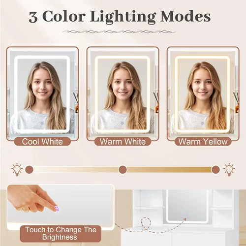 Miniatura 3 de JUMMICO Tocador de maquillaje con espejo y luces, escritorio de tocador con 3 modos de color y brillo de luz ajustable, mesa de maquillaje con cajón